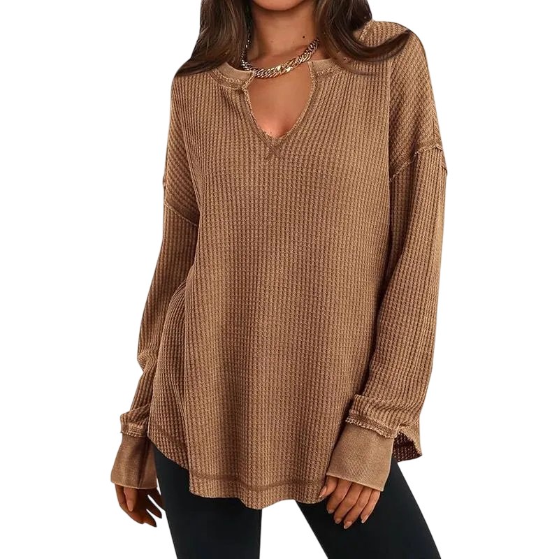 Women‘s Waffle Knit Long Sleeve Casual V Neck Shirts