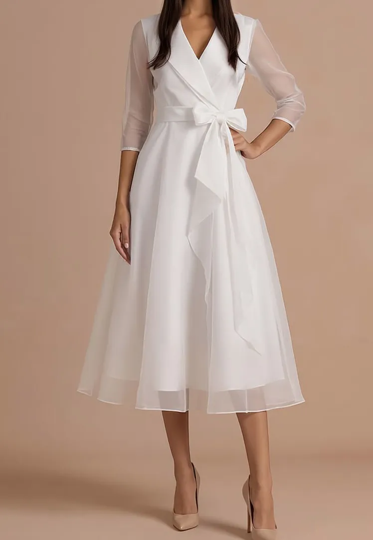 Elegant Draped Shawl Collar Organza Midi Dress