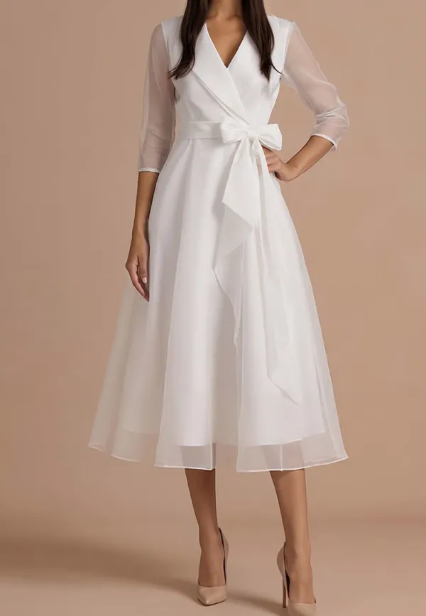 Elegant Draped Shawl Collar Organza Midi Dress