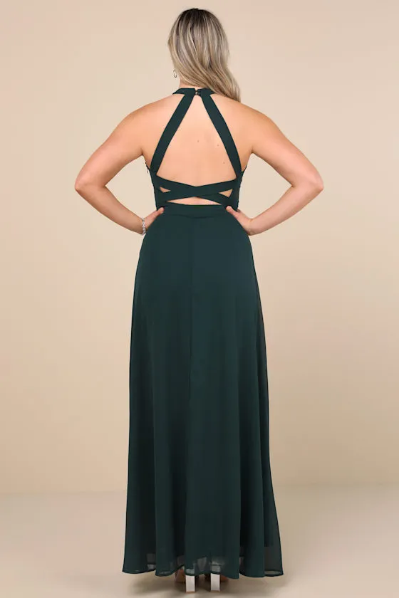 Confidently Charismatic Emerald Backless Halter Maxi Dress
