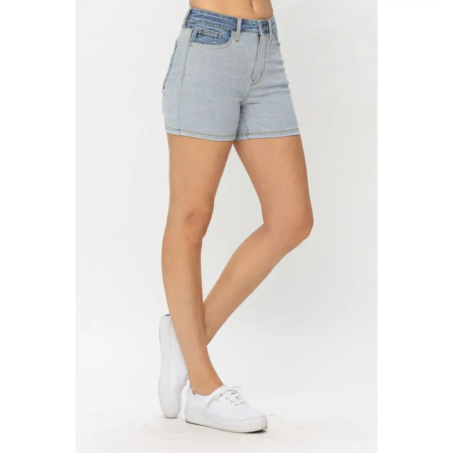 Full Size Color Block Denim Shorts
