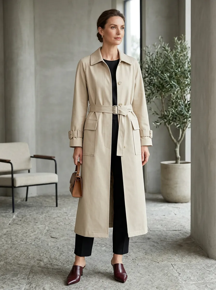 Women's Classic Beige Belted Long Trench Coat