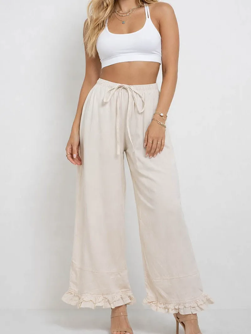 Elastic Waist Drawstring Ruffle Hem Wide Leg Pants