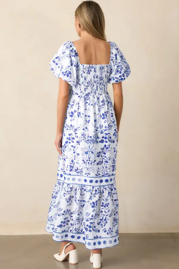 Sky Floral Print Square Neck Bubble Sleeve High Waist