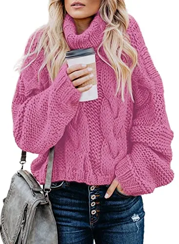 Women's 2025 Turtleneck Balloon Long Sleeve Casual Loose Chunky Cable Knit Pullover Sweater Outerwear