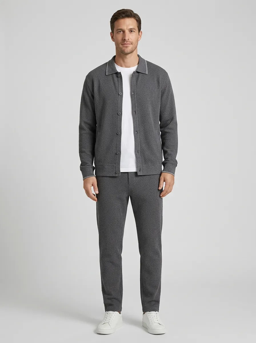 Men's Contemporary Textured Minimal Polo Collar Jacket and Jogger Pants Set