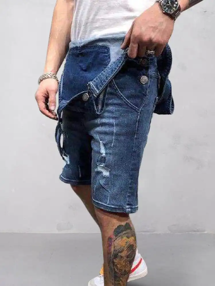 Men's Torn Denim Overalls Shorts