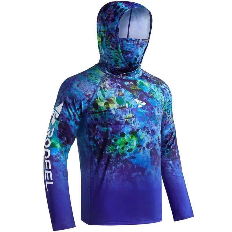 Men UPF 50+ UV Sun Hoodie Shirts with Mask Neck Gaiter  Protection Raglan Long Sleeve Lightweight Quick Dry Moisture Wicking Breathable Cooling Athletic Activewear