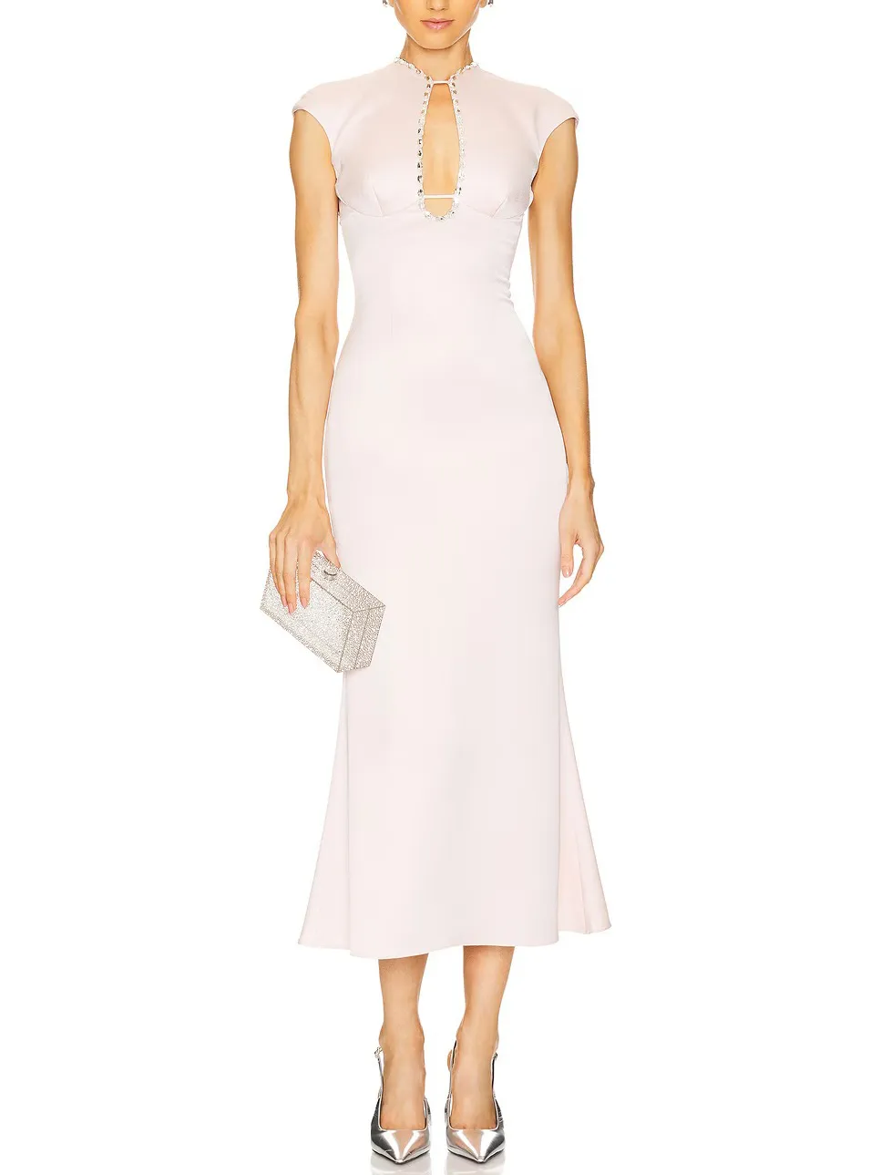 Elegant Satin Crystal Embellished Midi Dress