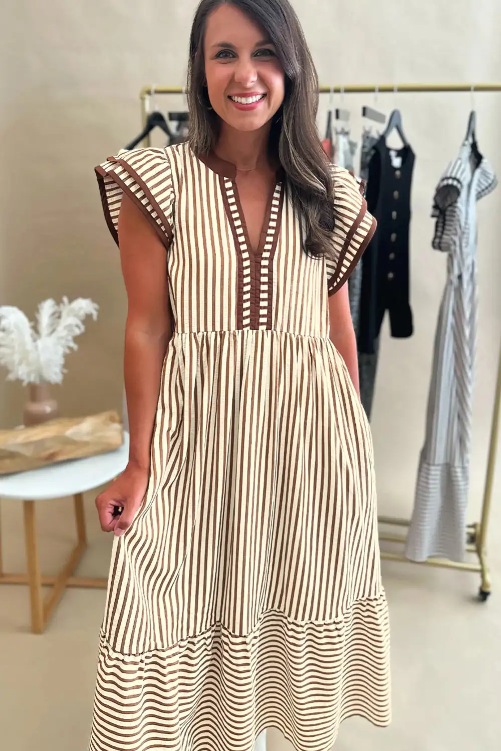 Lightweight Feel Striped V Neck Ruffle Midi Dress