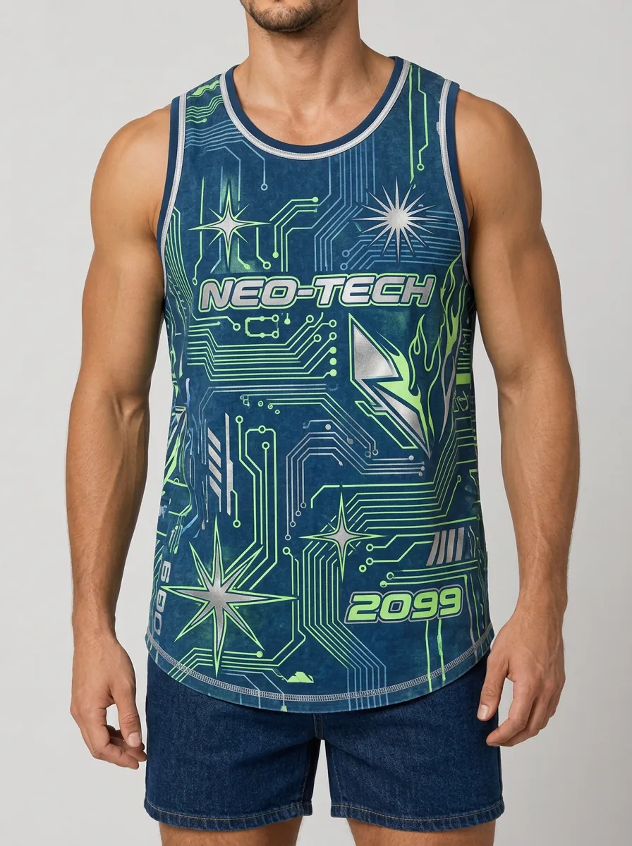 Men's Cyberpunk Neo-Tech 2099 Circuit Board Printed Tank Top