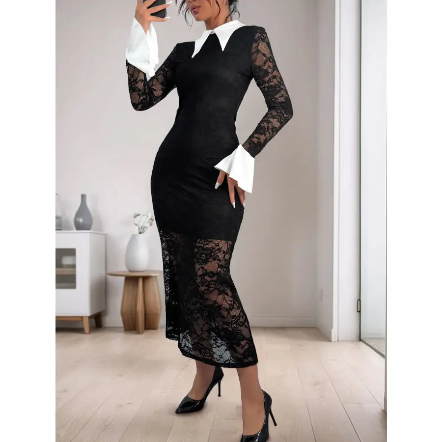 Lace Contrast Collared Neck Long Sleeve Midi Dress