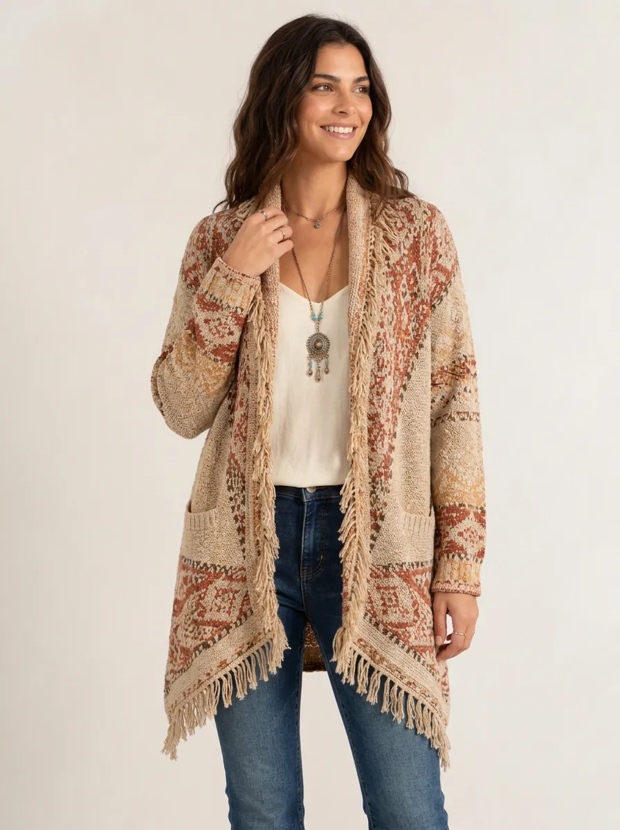 Women's Southwestern Pattern Fringe Cardigan Open-Front