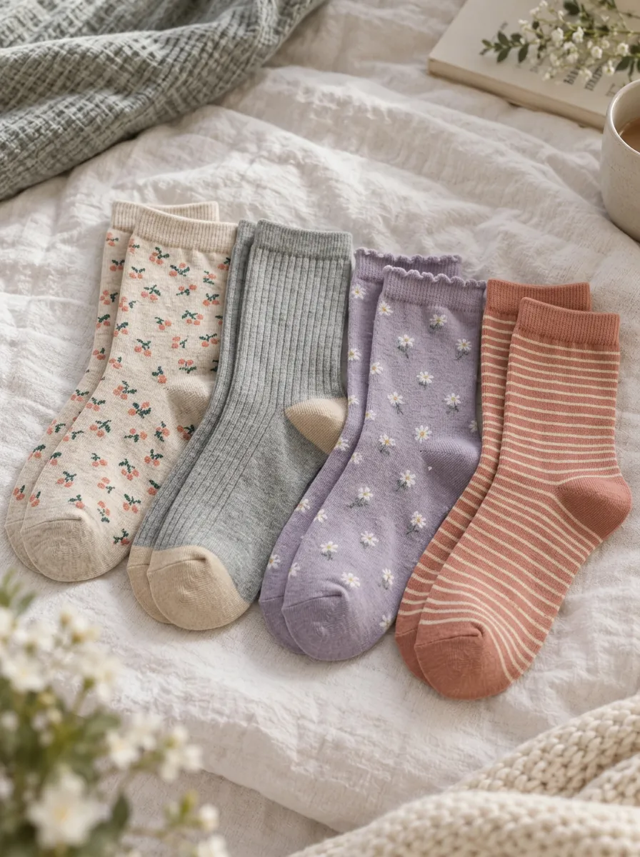 Women's Floral Cherry Striped Printed Crew Socks 4-Pack