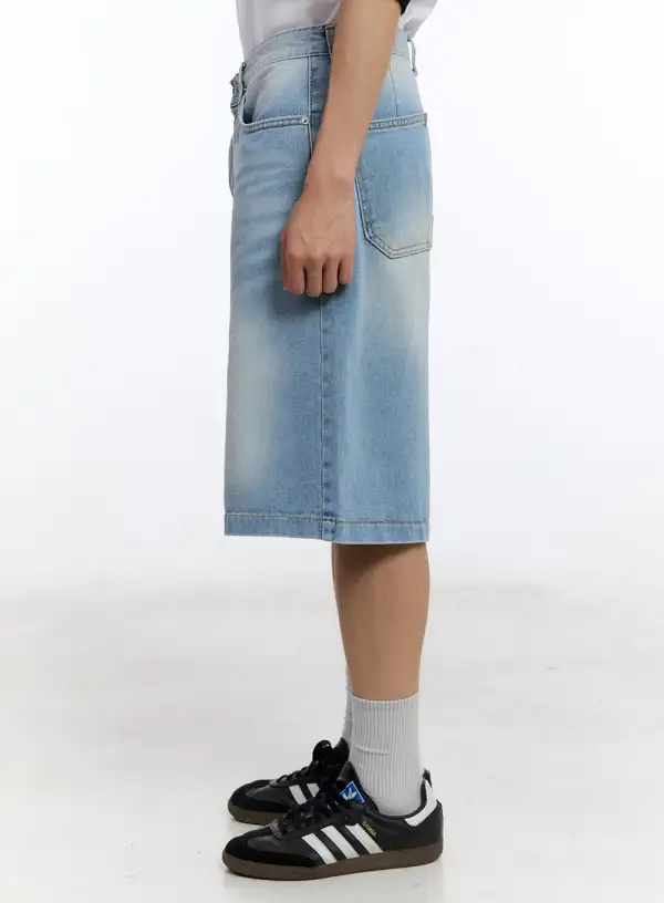 Men's Washed Wide-Leg Denim Shorts