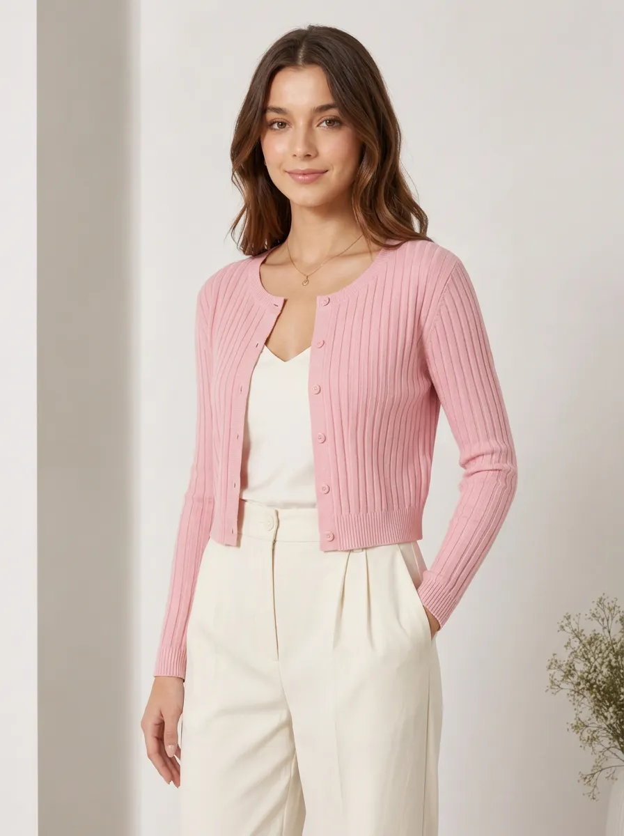 Women's Pink Ribbed Knit Button Up Cropped Cardigan Top