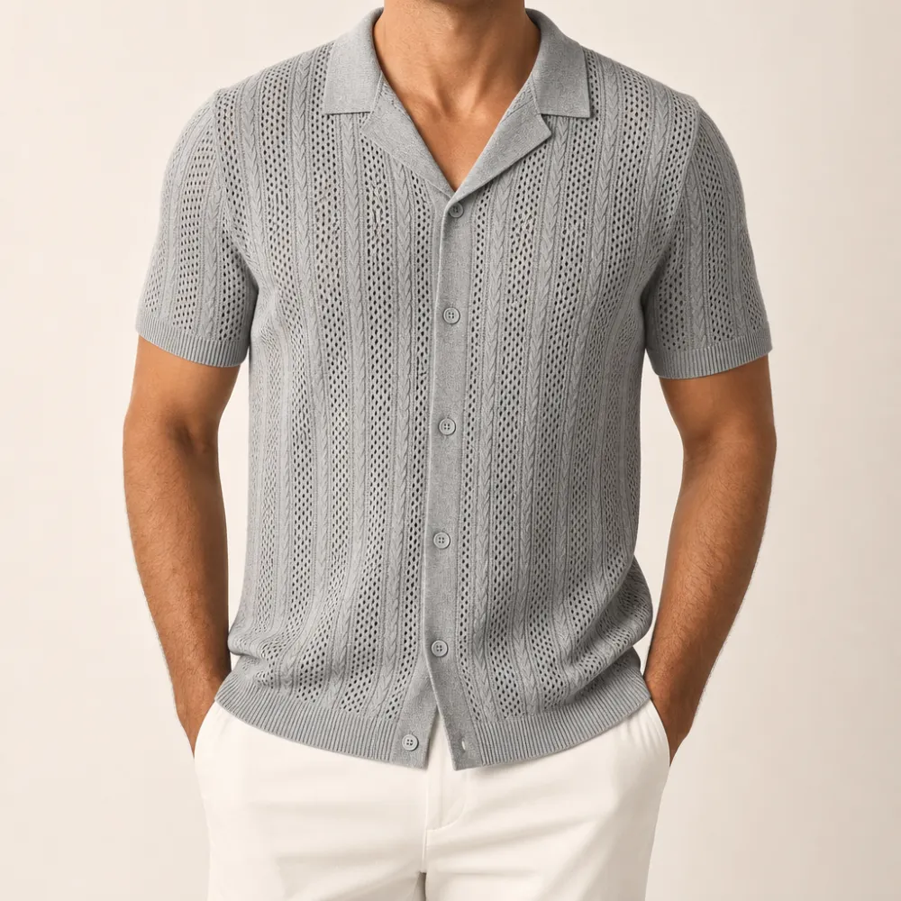 Men’s Open-Knit Short Sleeve Button-Up Shirt