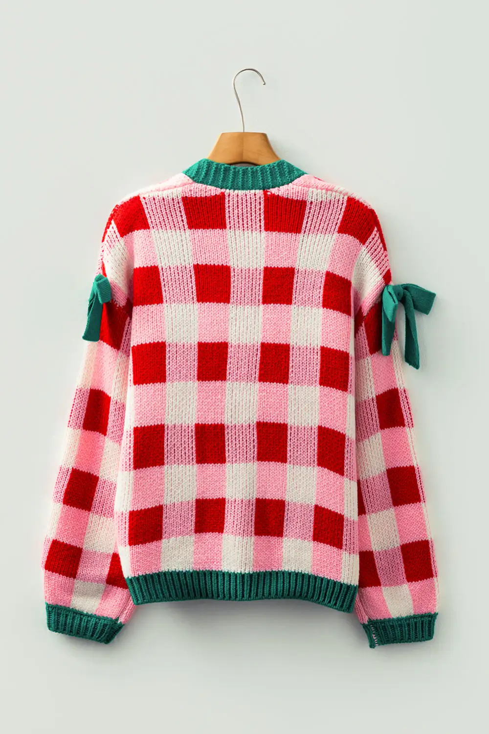 Plaid Knit Bow Knot Decor Open Front Cardigan