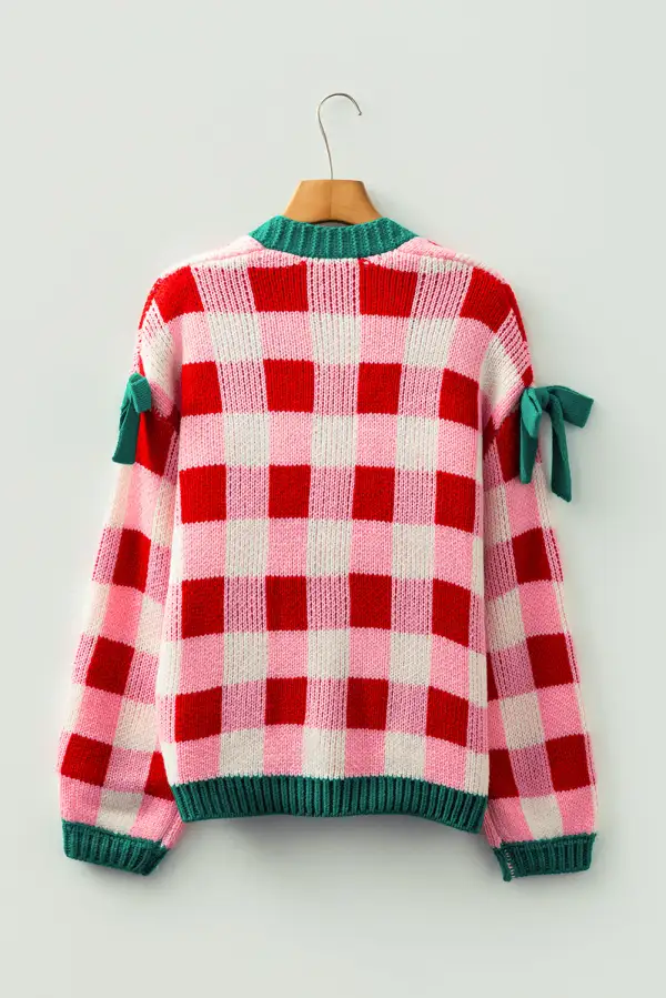 Plaid Knit Bow Knot Decor Open Front Cardigan