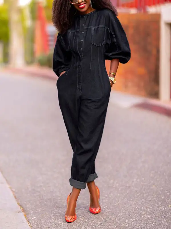 Jumpsuits Met Pofmouwen Splitverbinding En Ronde Hals