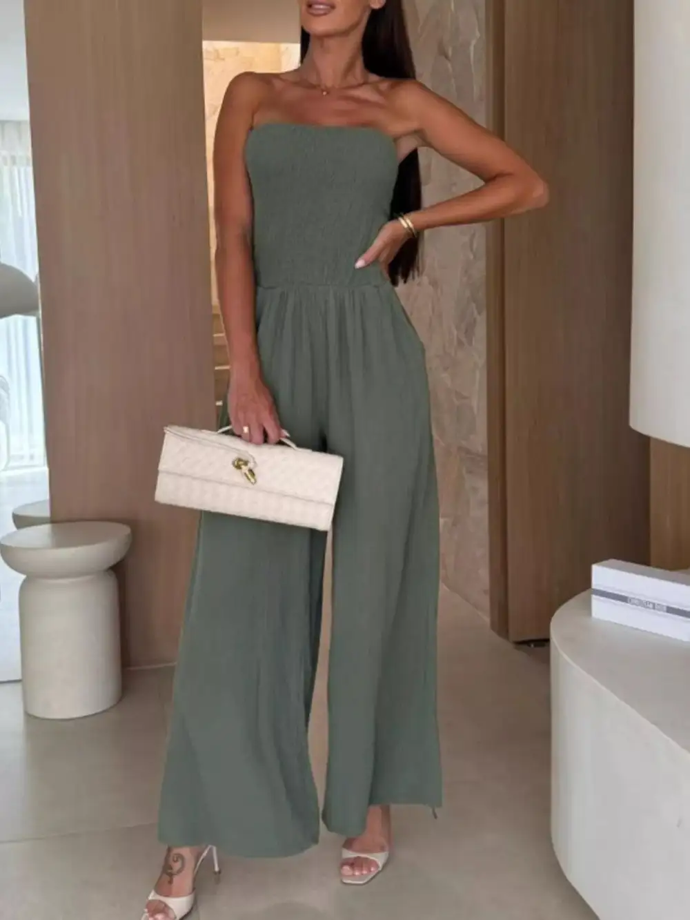 Smocked Tube Wide Leg Jumpsuit