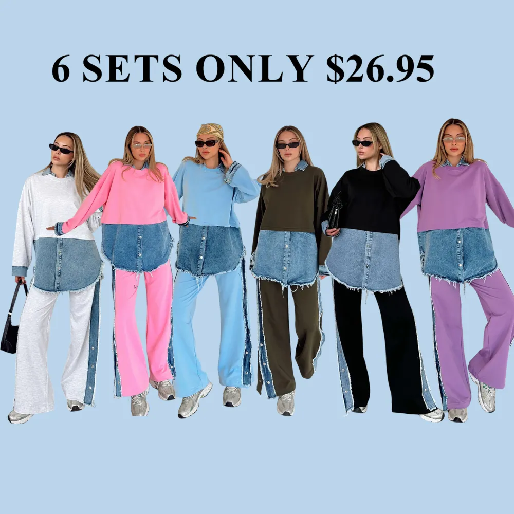 [6Pack]Women'S Knitted Patchwork Denim Top & Pants Set