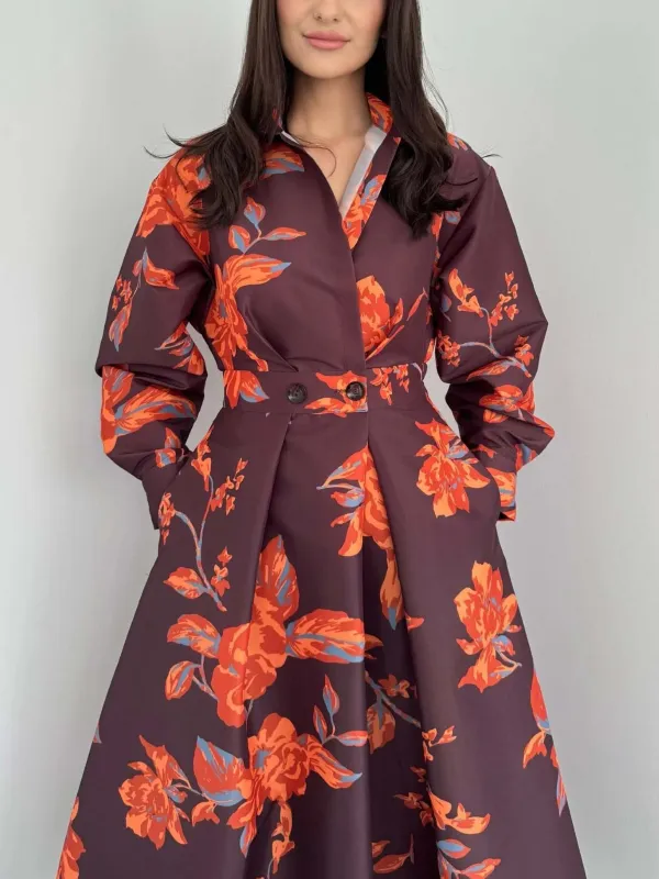 Retro Lapel Floral Print Flared Midi Dress