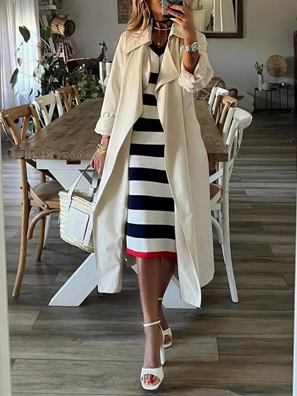 Classic Stripe Print V Neck Slit Midi Dress