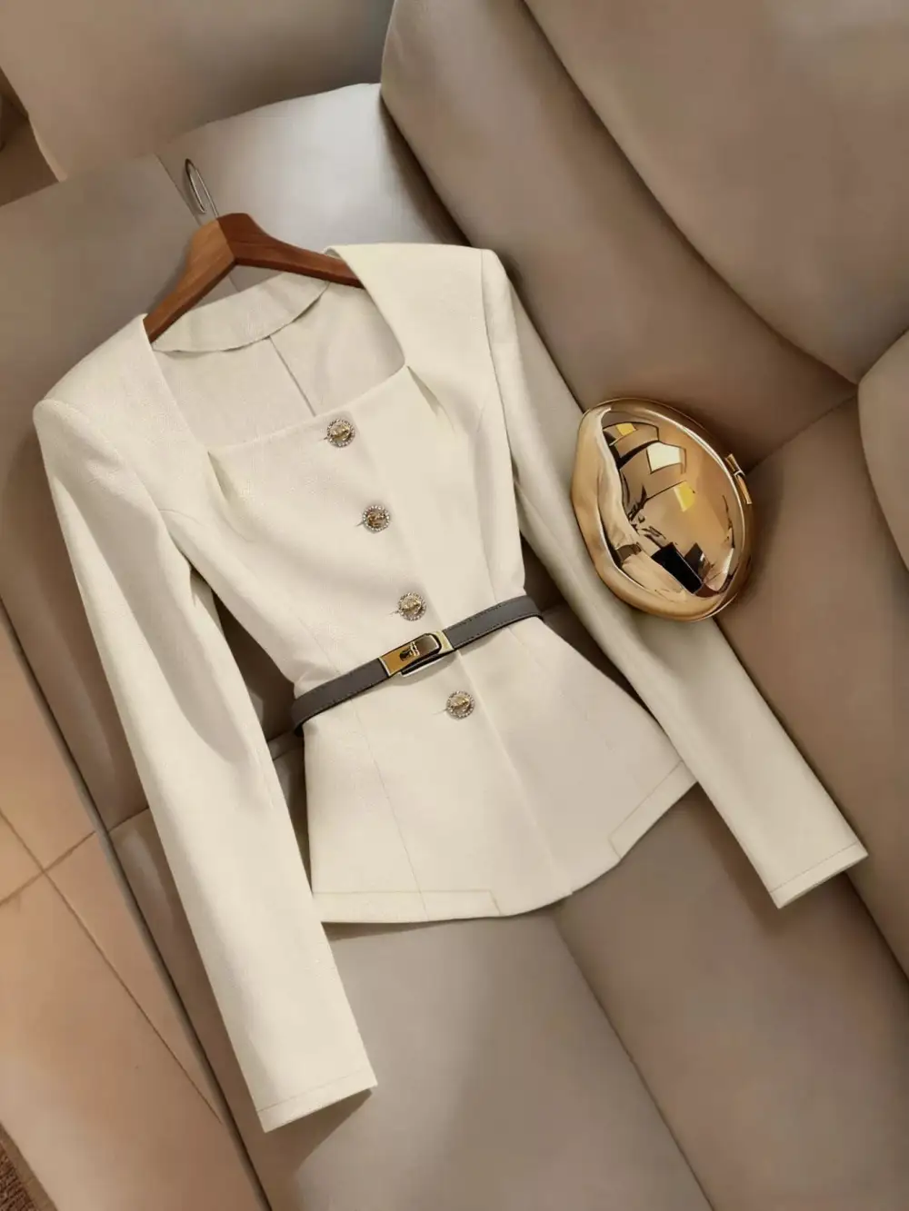 Square Neck Button Down Fitted Blazer Jacket