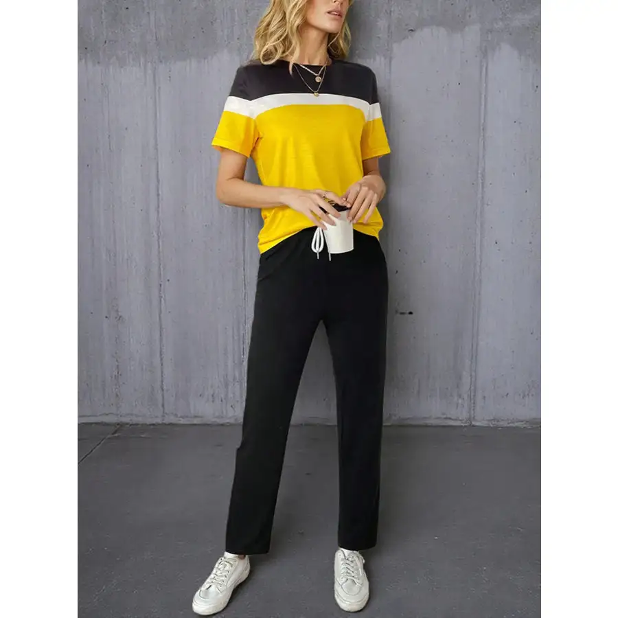Casual Block Top and Pants Set