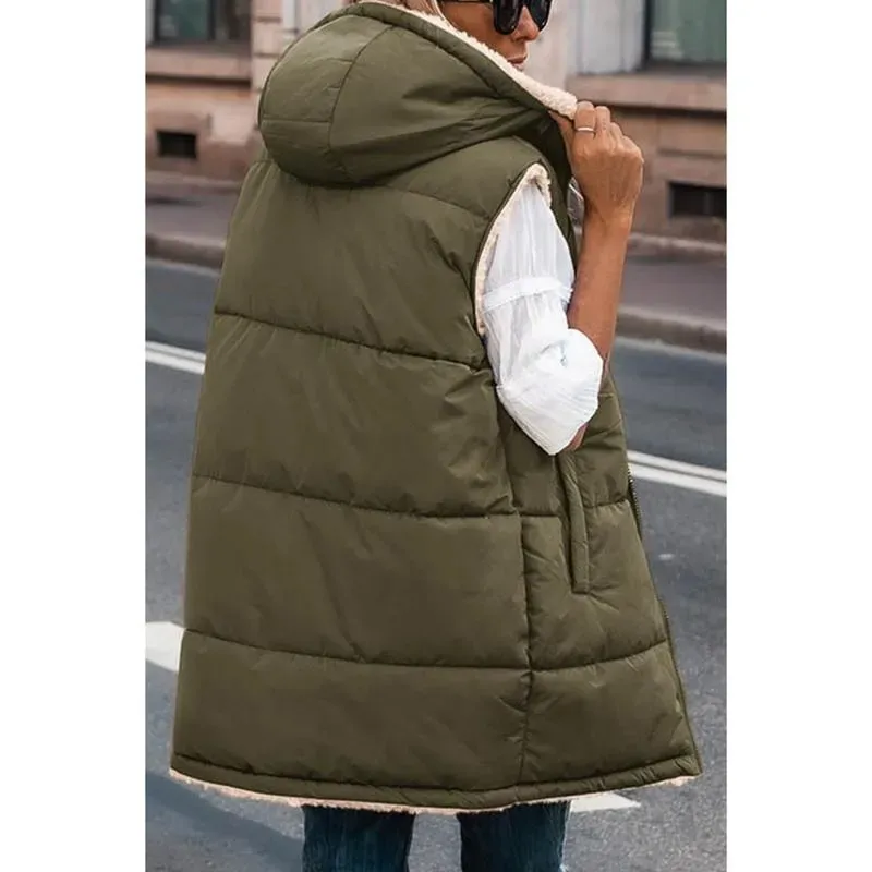 Women's military green double-faced fleece vest with pockets and a hood, long zip-up coat