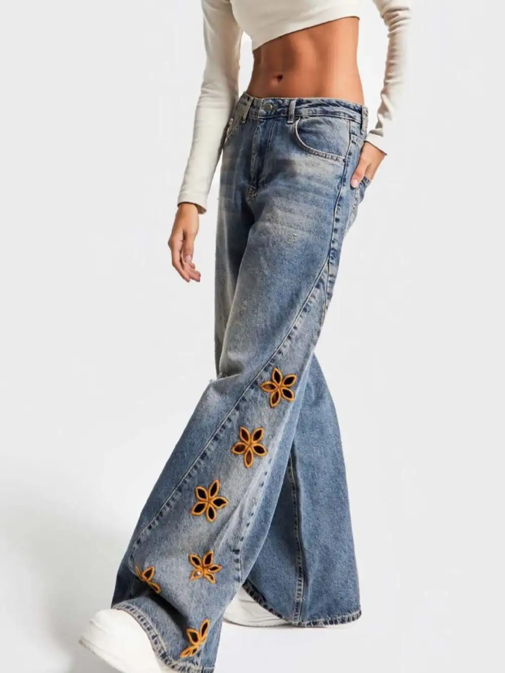 Wide Leg Embroidered Denim Jeans