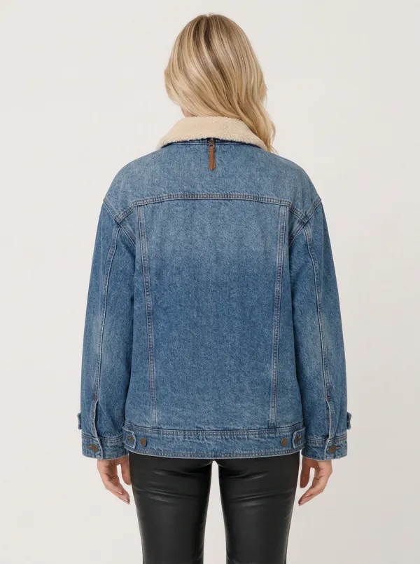 Women's Vintage Distressed Sherpa Collar Denim Jacket