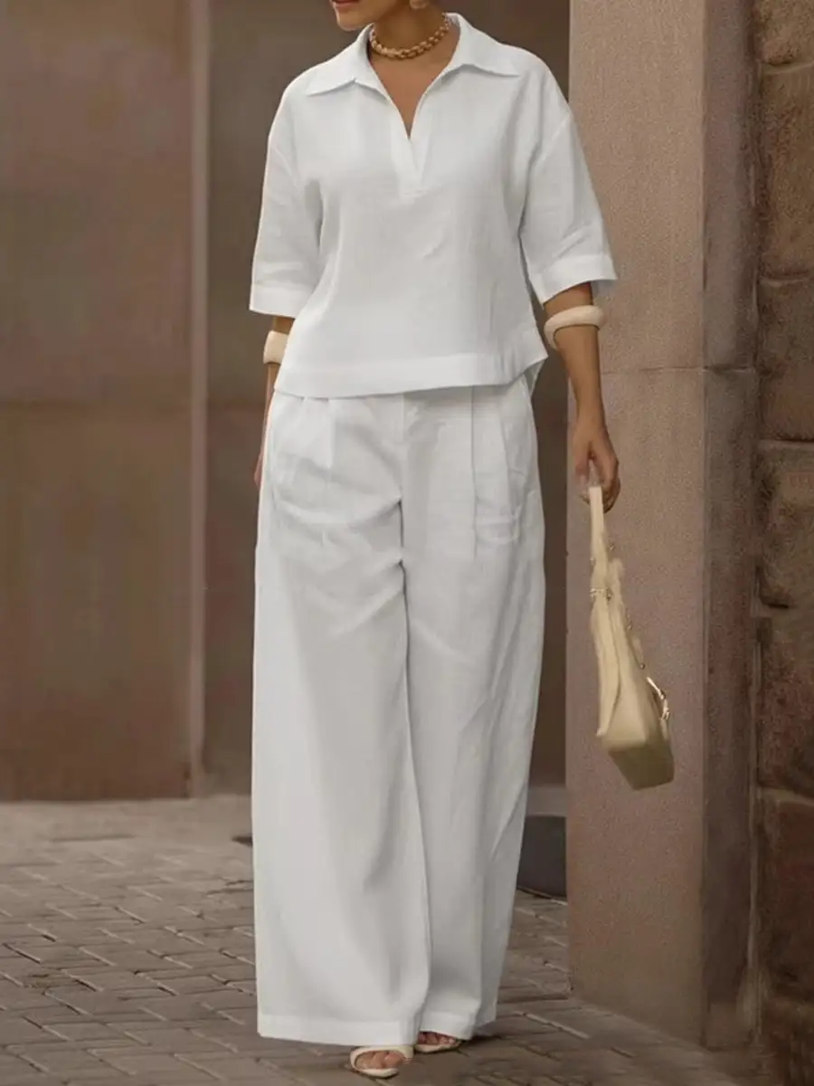 Half Sleeve Lapel Blouse And Pants Set