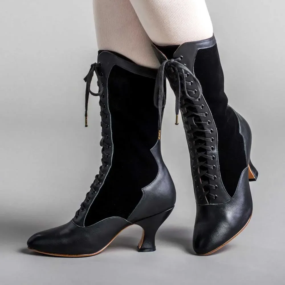 Faux-Leather Lace-Up Patchwork Spool-Heel Mid-Calf Boots