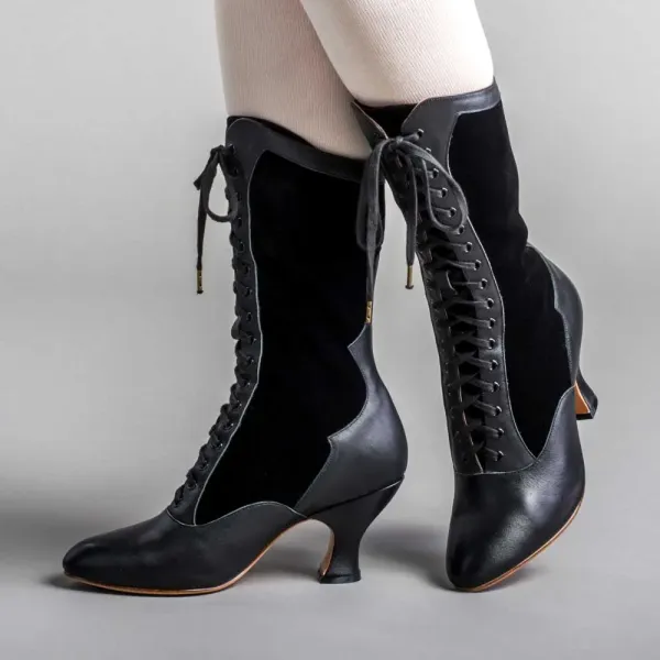 Faux-Leather Lace-Up Patchwork Spool-Heel Mid-Calf Boots