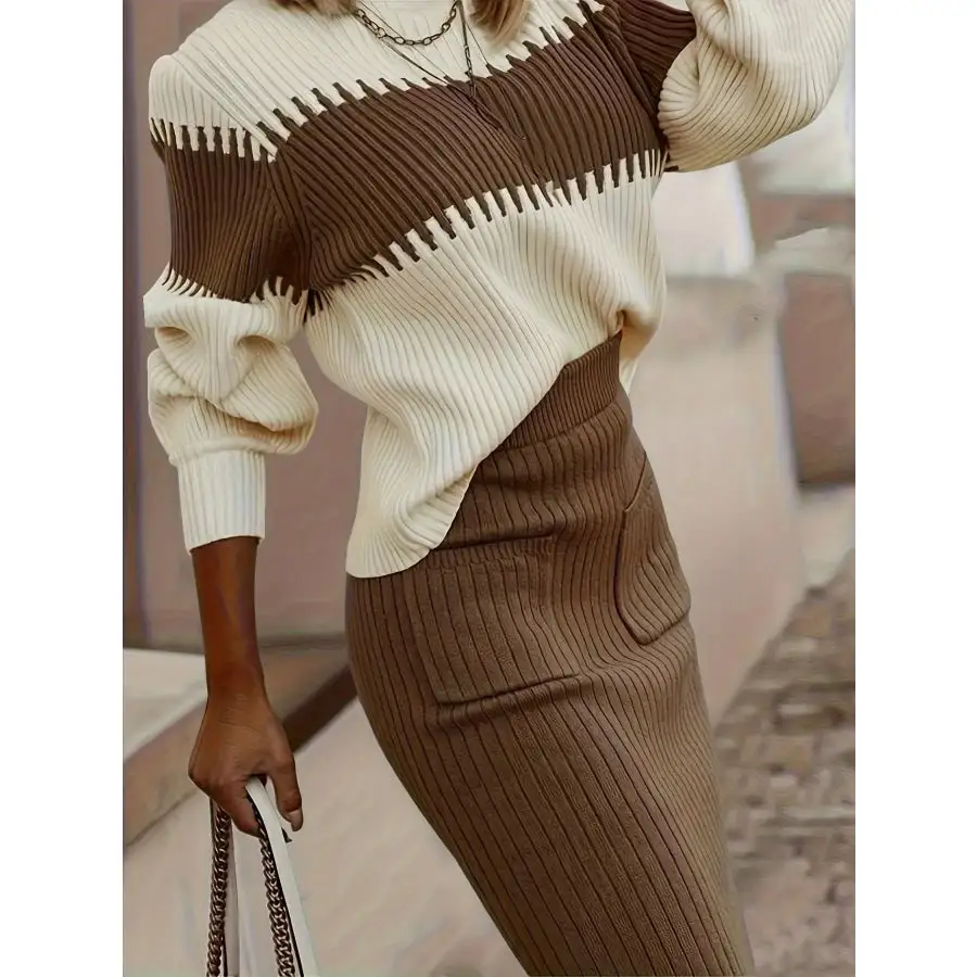 Two Tone Ribbed Knit Top and Skirt Sweater Set