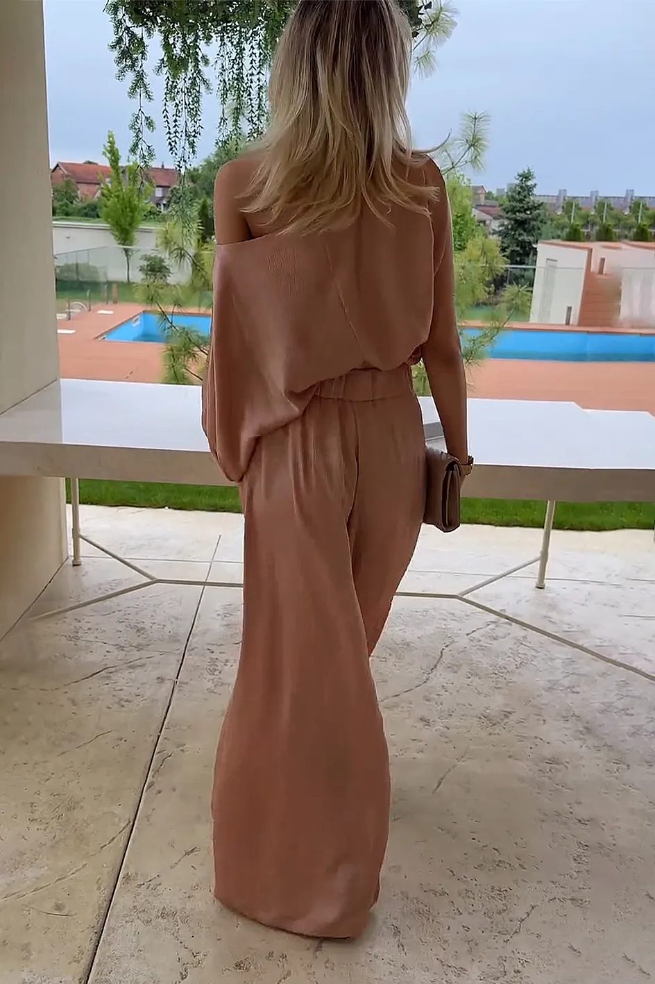 Women'S Casual One Shoulder Top & Wide Leg Pants Set