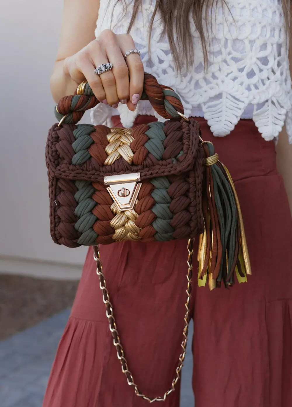 Crochet Leather Metallic Clutch Bag