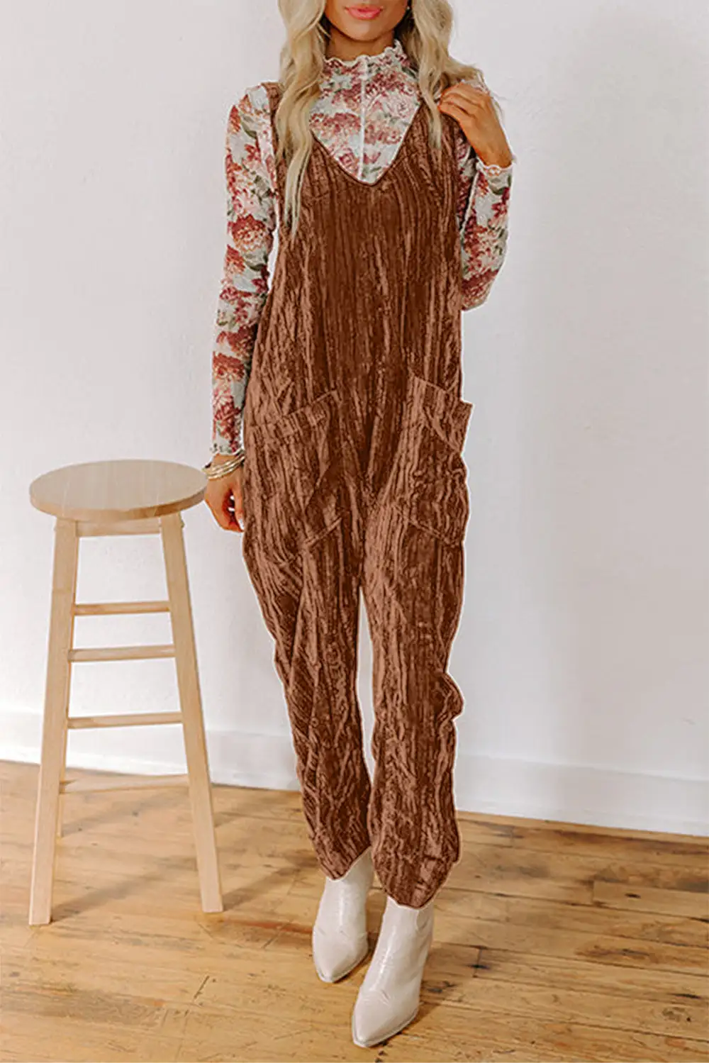 Velvet Strap Pocket Jumpsuit