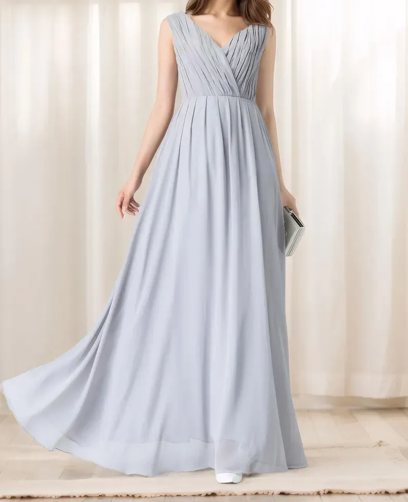 Chiffon A Line Pleated V Neck Maxi Dress