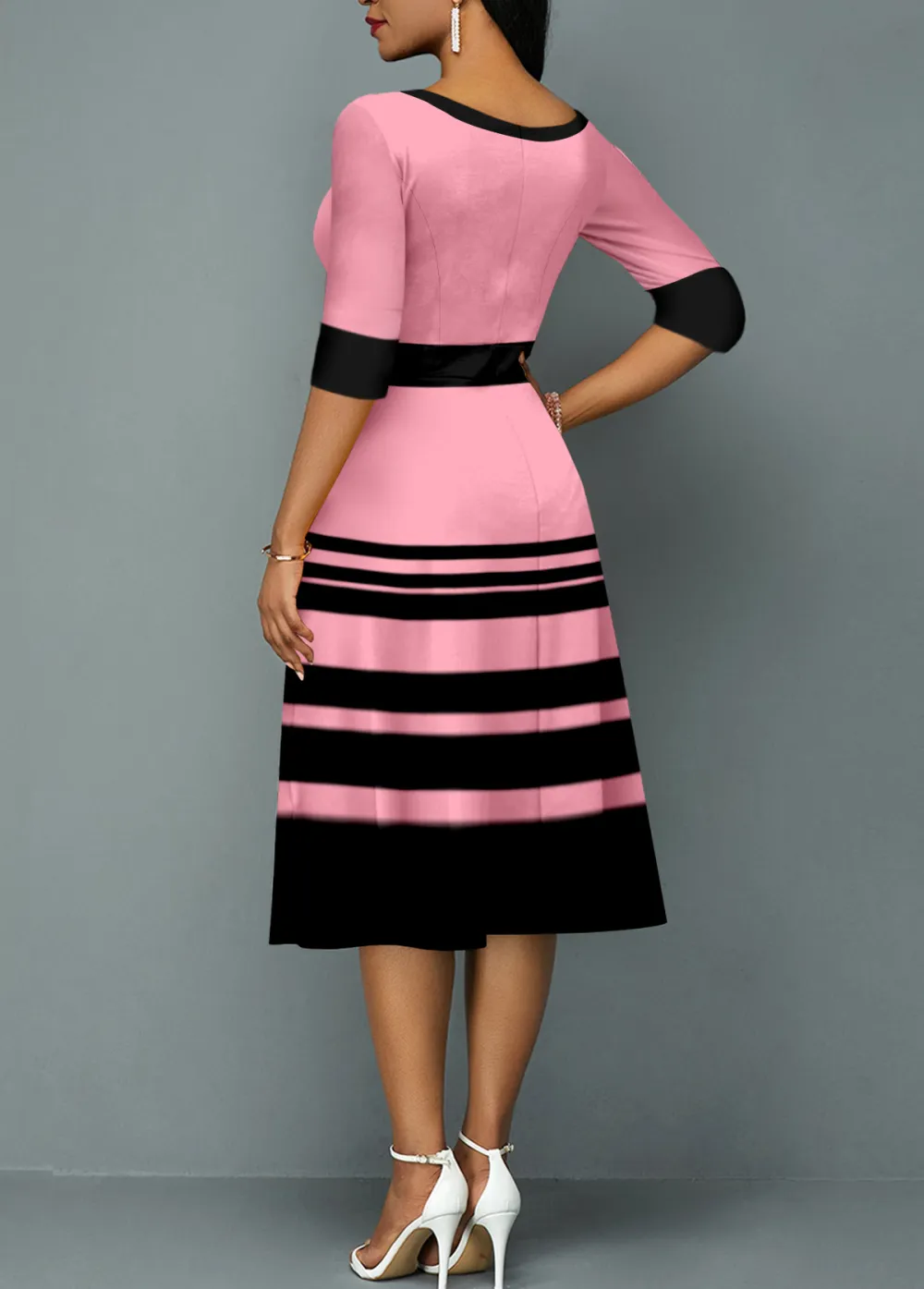Pink Stripe Print Round Neck Dress