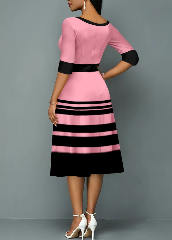 Pink Stripe Print Round Neck Dress