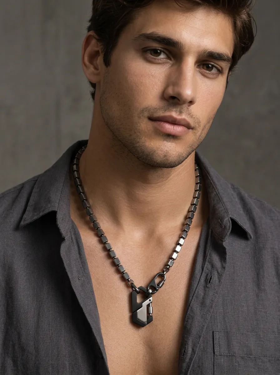 Men's Industrial Geometric Cube Link Carabiner Pendant Necklace