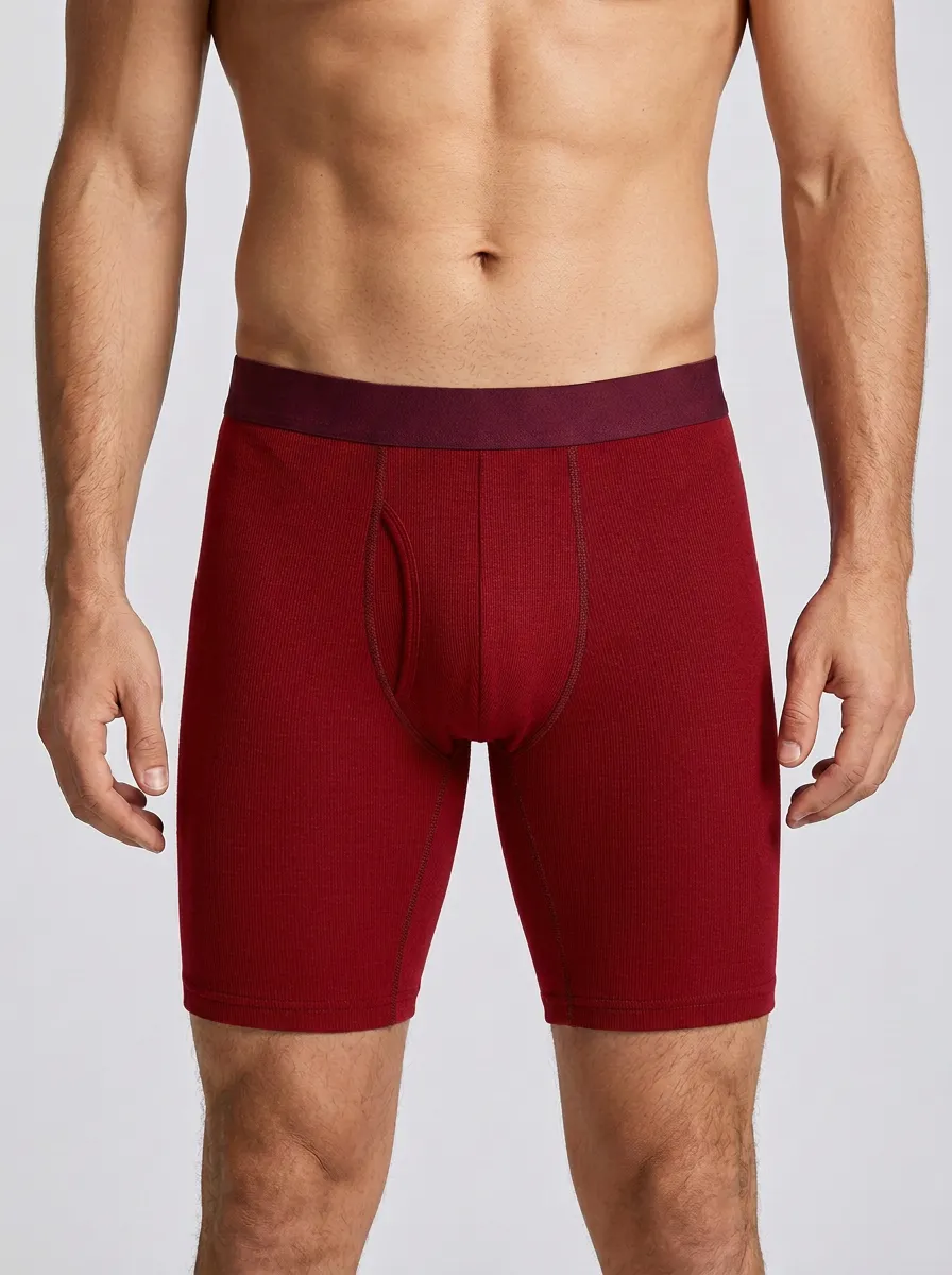 Men's Ribbed Charcoal Burgundy Contrast Stitch Boxer Briefs