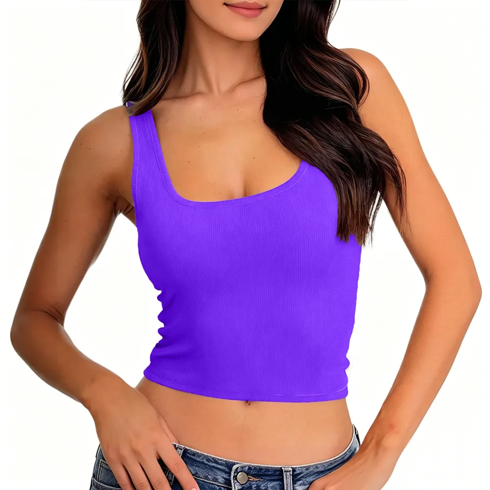 Women Rib Tank Top Padded Workout Top Square Neck Crop Tank