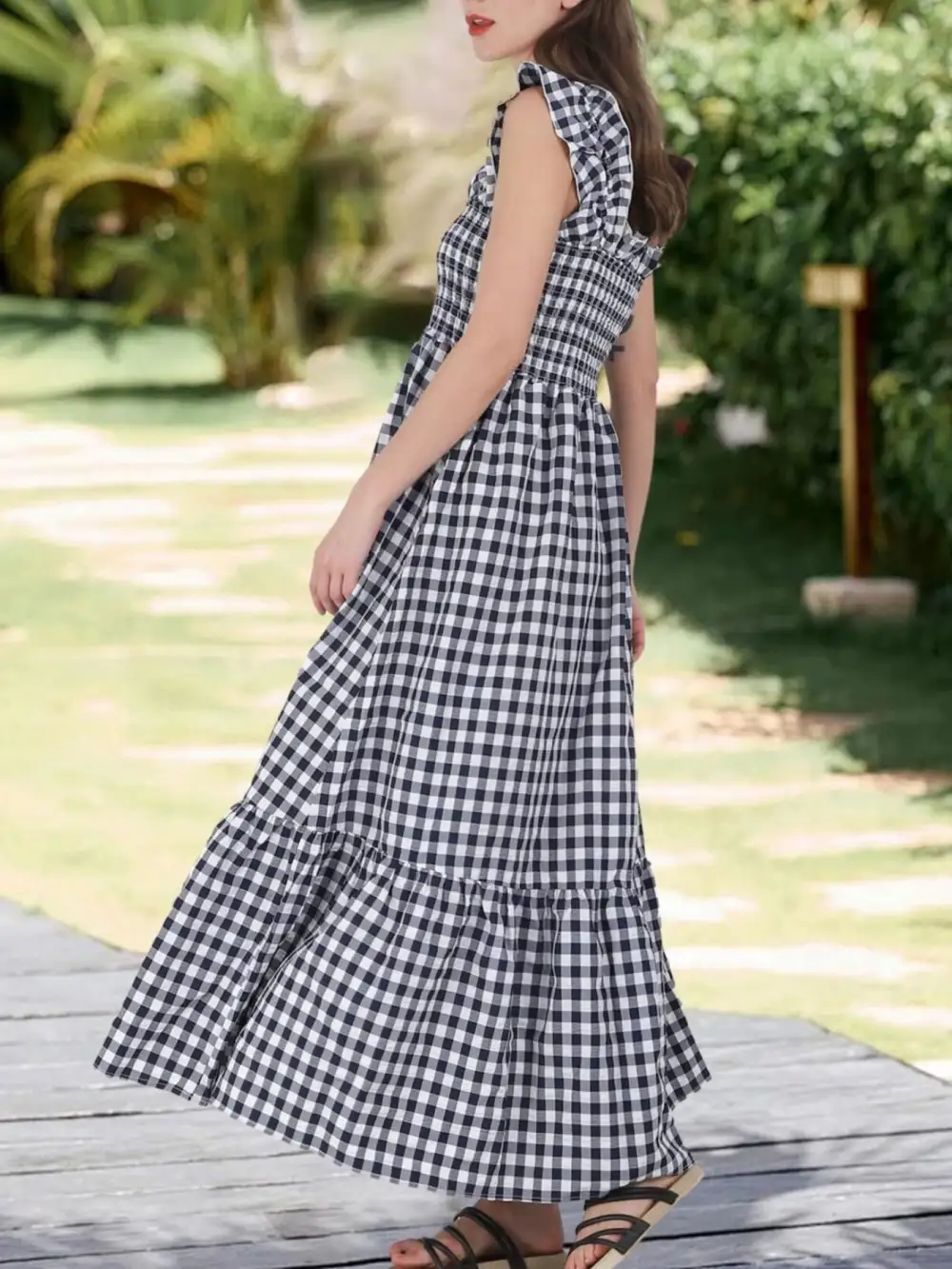 Plaid Ruffle Sleeveless Midi Dress