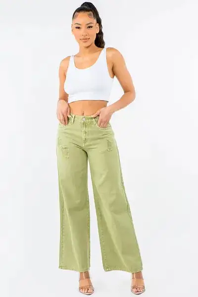 Bazi High Waist Distressed Wide Leg Denim Jeans