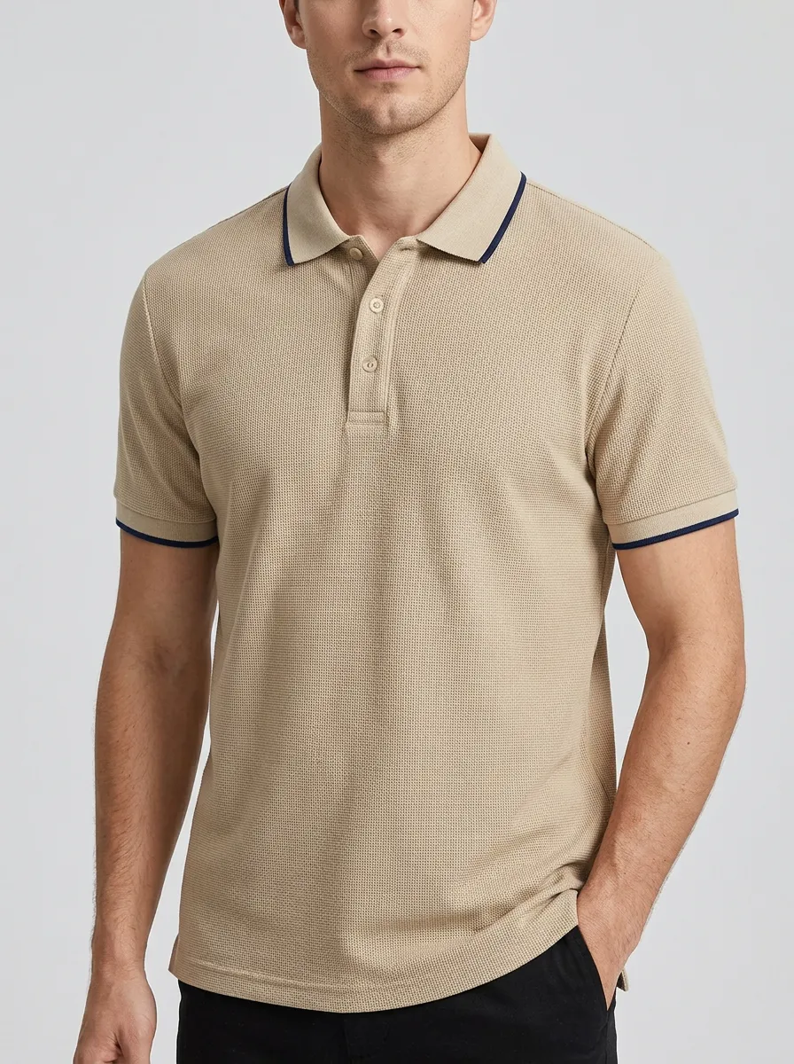 Men's Casual Khaki Waffle Texture Contrast Trim Polo Shirt