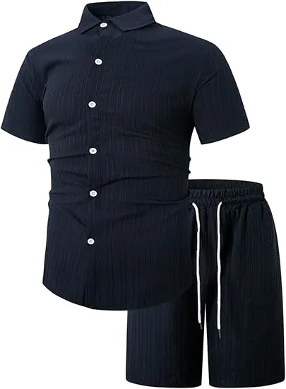 Men'S Solid Textured Short Sleeve Button Front Shirt & Pocket Drawstring Waist Shorts Two-Piece Set, Casual Summer Outfits Clothes Set For Men, Sets For Men Clothing, Menswear,  Summer Outfits Set